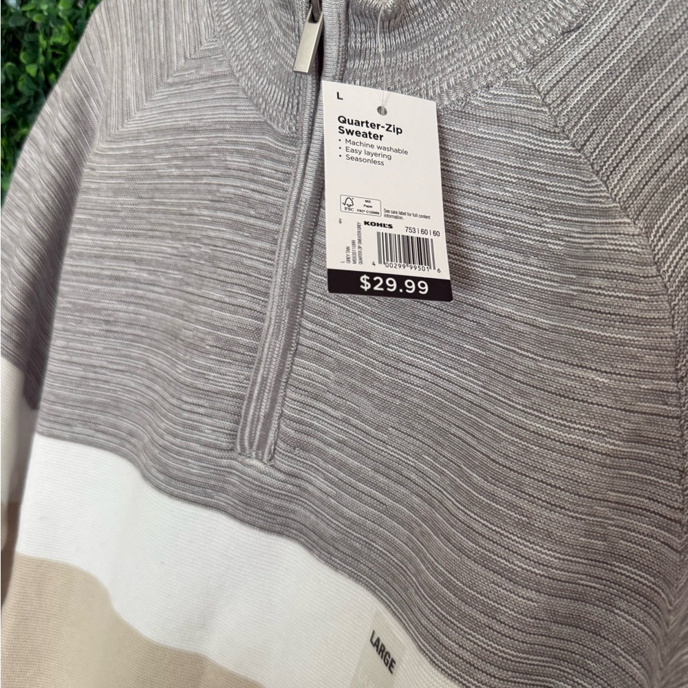 Men's Gray and Cream Quarter-Zip Sweater - Picture 2 of 2